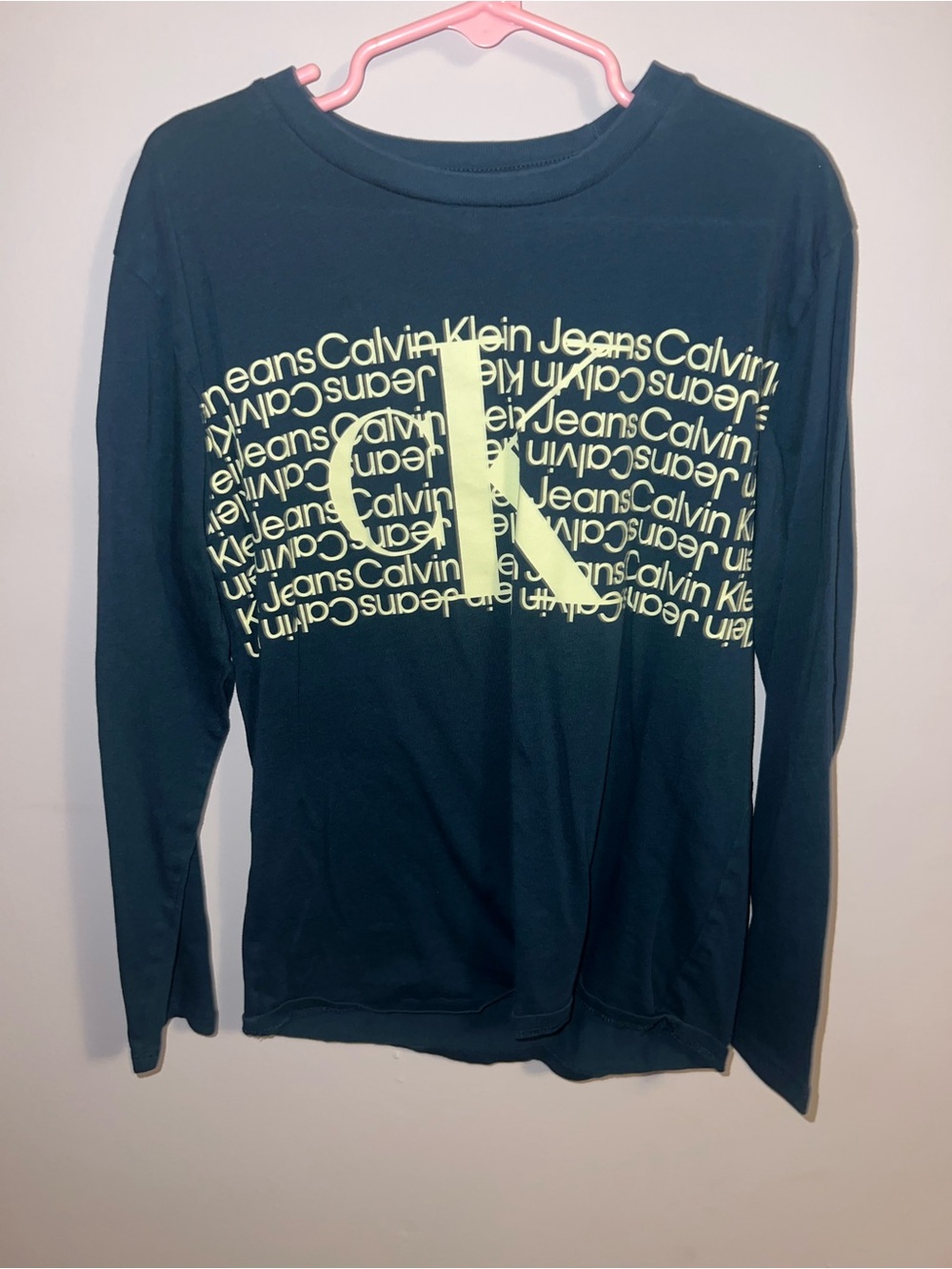 Calvin Klein Navy Long-Sleeve Tee with Yellow Logo Print